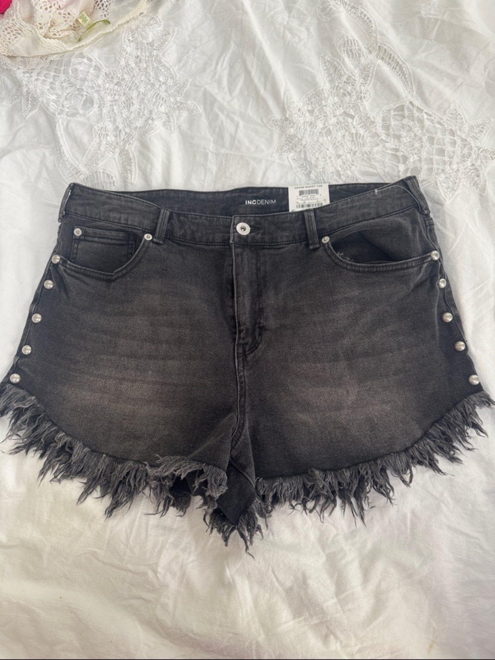 INC International Concepts Black Frayed Hem Studded Denim Shorts